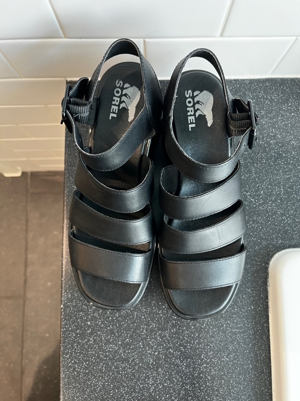 Sorel Black Strappy Wedge Sandals - Picture 9 of 9